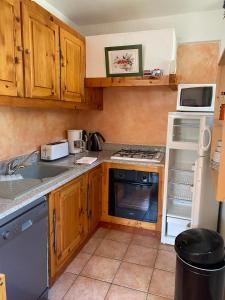 a small kitchen with wooden cabinets and a stove top oven at Chez Agathe au Chalet de segure in Ristolas