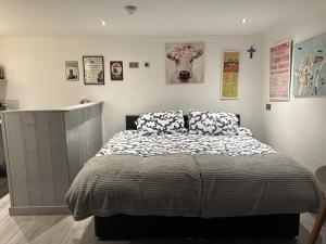 1 dormitorio con 1 cama con 2 almohadas en Cosy open plan Cabin in Dublin 11 suit 2 persons en Dublín