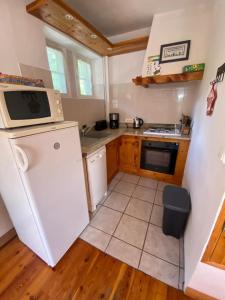 a small kitchen with a white refrigerator and a microwave at Chez Izaline au Chalet de segure in Ristolas