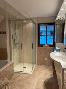 a bathroom with a shower and a sink at Loft Krämerhaus Annaberg, Dachstein West in Annaberg im Lammertal