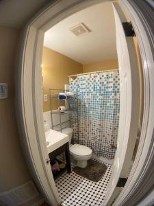 een badkamer met een wastafel, een toilet en een spiegel bij Private One-Bedroom 8 -Directly across from Beach in St Pete Beach