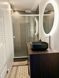 un bagno con un lavandino verde e una doccia di Champagne des Anges - Proche Cathédrale de Reims a Reims