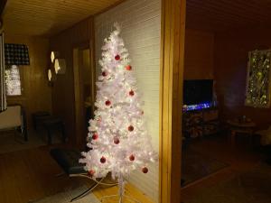 a white christmas tree in a living room at Northern Light Villa Ylläs with a Jacuzzi in Ylläsjärvi