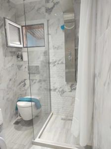 a bathroom with a toilet and a glass shower at Sparti Apartment in Limenas