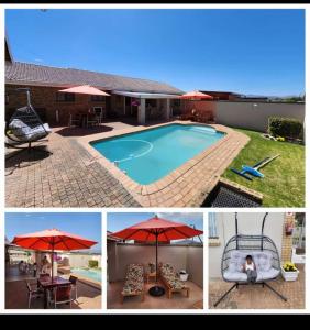 a collage of pictures of a swimming pool with an umbrella at Majestic in Kokstad