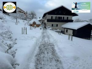 a snow covered driveway in front of a house at Haus Monica in Bodenmais