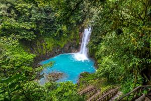 a waterfall in a forest with blue water at Hideaway Rio Celeste Hotel in Bijagua