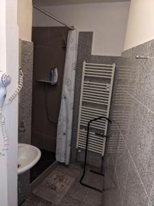 a bathroom with a shower curtain and a sink at Small apartment for groups in city centre in Prague