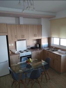 een keuken met een tafel, een fornuis en keukenkastjes bij KaZa in Antimácheia +13 foto's
