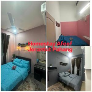 two pictures of a bedroom with a bed and a couch at Homestay Afeef Jerantut in Jerantut