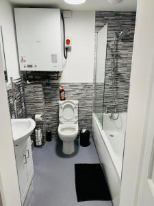 La petite salle de bains est pourvue de toilettes et d'un lavabo. dans l'établissement Town Centre Modern 1 Bed 1 Bath Apartment at Potter House by Lord Property, à Aldershot