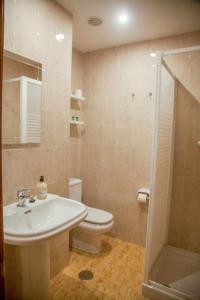 La salle de bains est pourvue d'un lavabo, de toilettes et d'une douche. dans l'établissement Cumbres de los Picos Apartamento Treparriscos, à Poo de Cabrales