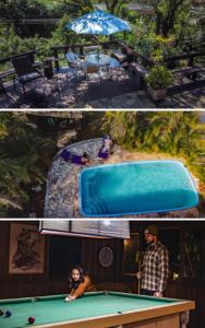 two pictures of a man and a pool table at Pousada Rosa in Praia do Rosa