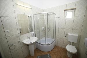 a bathroom with a shower and a toilet and a sink at Pensiunea Zbor in Cluj-Napoca