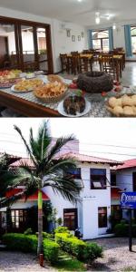 duas fotografias de um hotel com uma mesa de comida em Oceano Pousada - Buffet de café da manhã e serviço de quarto diário em Bombinhas