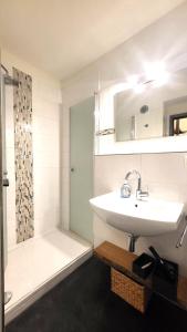 y baño con lavabo y ducha. en Ferienwohnung Abenddämmerung Hahnenklee, en Hahnenklee-Bockswiese