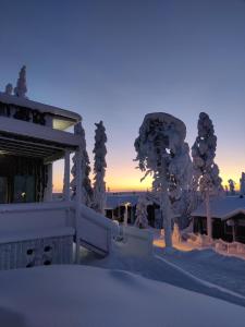 ein schneebedecktes Gebäude mit Bäumen im Hintergrund in der Unterkunft Pikkuhukka in Syöte