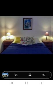 a bedroom with a bed with blue sheets and two lamps at Ninho dos Passaros Penedo RJ in Penedo