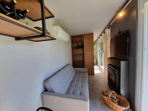 uma pequena sala de estar com um sofá e uma televisão em TinyWine House Vale dos Vinhedos em Garibaldi