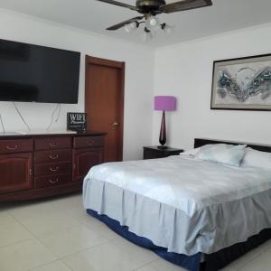 1 dormitorio con 1 cama y TV de pantalla plana en Suite Riverfront, en Guayaquil