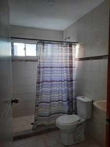 里奥阿查Apartamento Victoria B的带马桶和浴帘的浴室