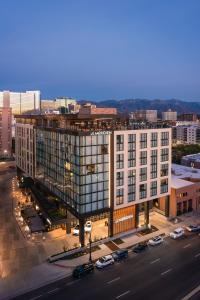 an aerial view of a large building in a city at Le Meridien Salt Lake City Downtown in Salt Lake City