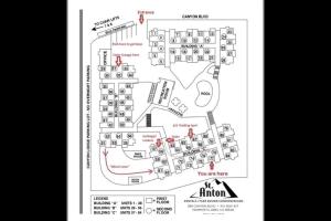 een diagram van een kaart met rode pijlen bij St Anton Condos #77 condo in Mammoth Lakes