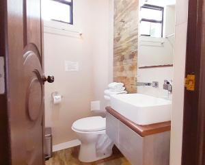 ein Badezimmer mit einem weißen WC und einem Waschbecken in der Unterkunft Hotel La Casa de Irma in Arequipa