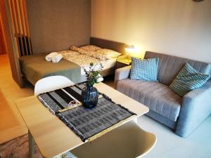 a living room with a bed and a couch at Apolonia apartament II- SPA in Dziwnów