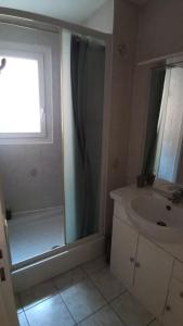 uma casa de banho com um chuveiro e um lavatório. em Au beau soleil em Villeneuve-lès-Béziers