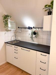 a kitchen with white cabinets and a sink at NAMI - ROBIN - Helle Apartments mitten in der Stadt in Memmingen