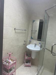 a bathroom with a sink and a shower with a mirror at One bedroom apartment in Jimi in Al Ain