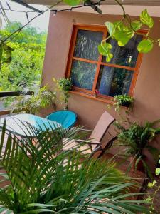 Casa Guiba 3 Puerto Escondido في بويرتو إسكونديدو: منزل به كرسيين ونافذة بها نباتات