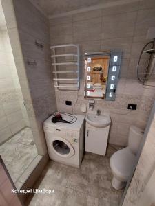 ein Badezimmer mit einer Waschmaschine und einem WC in der Unterkunft Котеджі Цімбори in Jablunyzja