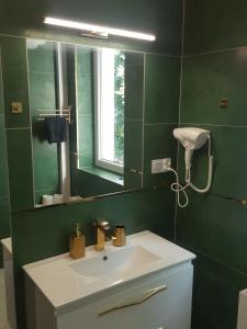 a green bathroom with a sink and a mirror at APARTAMENTY ZIELONY KAMELEON in Busko-Zdrój