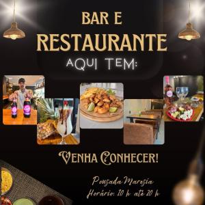 a collage of photos of a restaurant with a plate of food at Pousada Maresia Costa Azul in Rio das Ostras