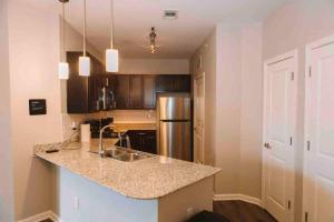 uma cozinha com um lavatório e um frigorífico em Zionsville Luxury 1BR w/Balcony em Zionsville