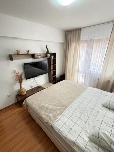 um quarto com uma cama grande e uma televisão em Belvedere Holiday Club Private Apartment em Bansko