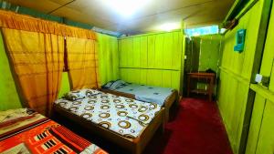 um quarto com duas camas num quarto verde em ARAPARI AMAZON LODGE em Mazán