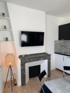 uma sala de estar com lareira e televisão de ecrã plano em Lumineux appartement Capitole plein centre em Toulouse