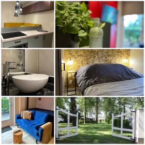 a collage of pictures of a crib in a room at Tiny House Bos in Moergestel