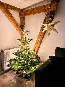 Un árbol de Navidad en una sala de estar con una estrella en Brick and Wood Apartment en Bydgoszcz