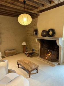 ein Wohnzimmer mit einem Kamin und einem Tisch in der Unterkunft Châteauneuf Suites in Châteauneuf