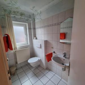 a bathroom with a toilet and a sink at Bed and Breakfast Dannevirke in Owschlag