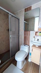 ein Bad mit einem WC, einem Waschbecken und einer Dusche in der Unterkunft Villa Quintero apartamentos in Santa Rosa de Cabal
