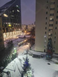 een straat met kerstbomen in de sneeuw bij SilverSky Duo in Warschau