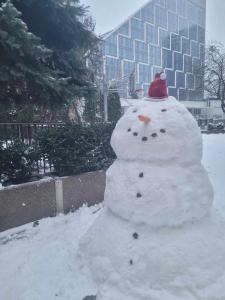 een sneeuwman met een rode hoed erop bij SilverSky Duo in Warschau