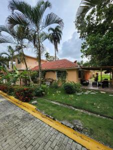 una casa con una palmera y un bordillo amarillo en Villa sol de Samana', en Los Róbalos