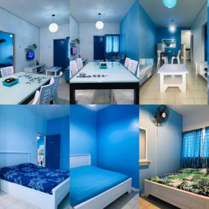 four different pictures of a room with blue walls at The Sky - The Cave Guest House in Tanah Rata