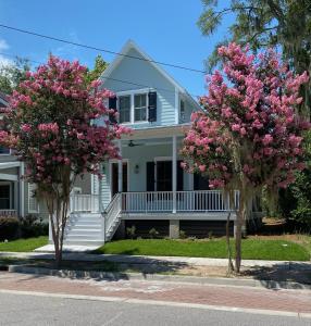 two trees in front of a house with pink flowers at Newly Listed Duke St Cottage - Downtown Beaufort in Beaufort